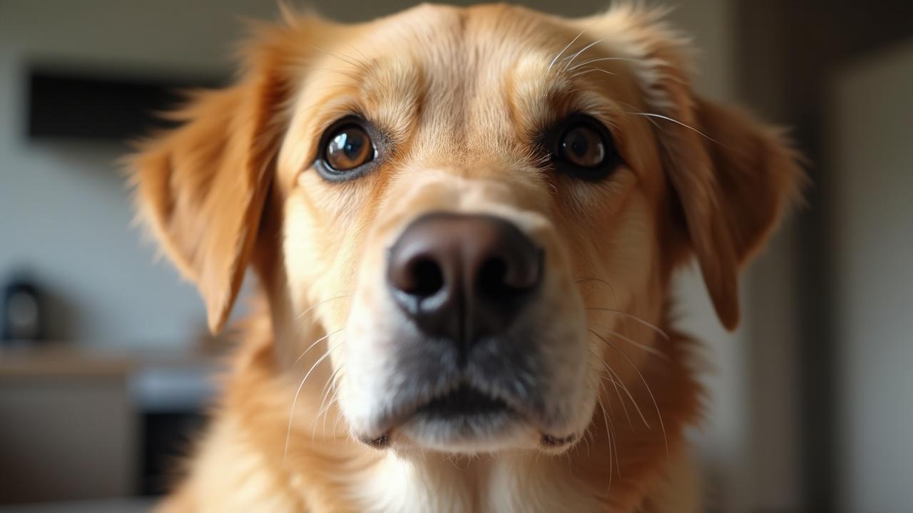Gros plan sur un chien aux yeux attentifs et au museau expressif.