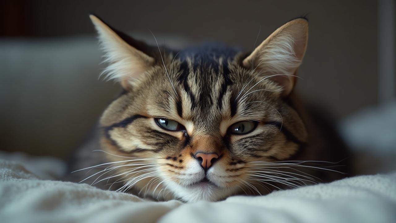 Gros plan sur un chat tigré aux yeux perçants, endormi sur une couverture.