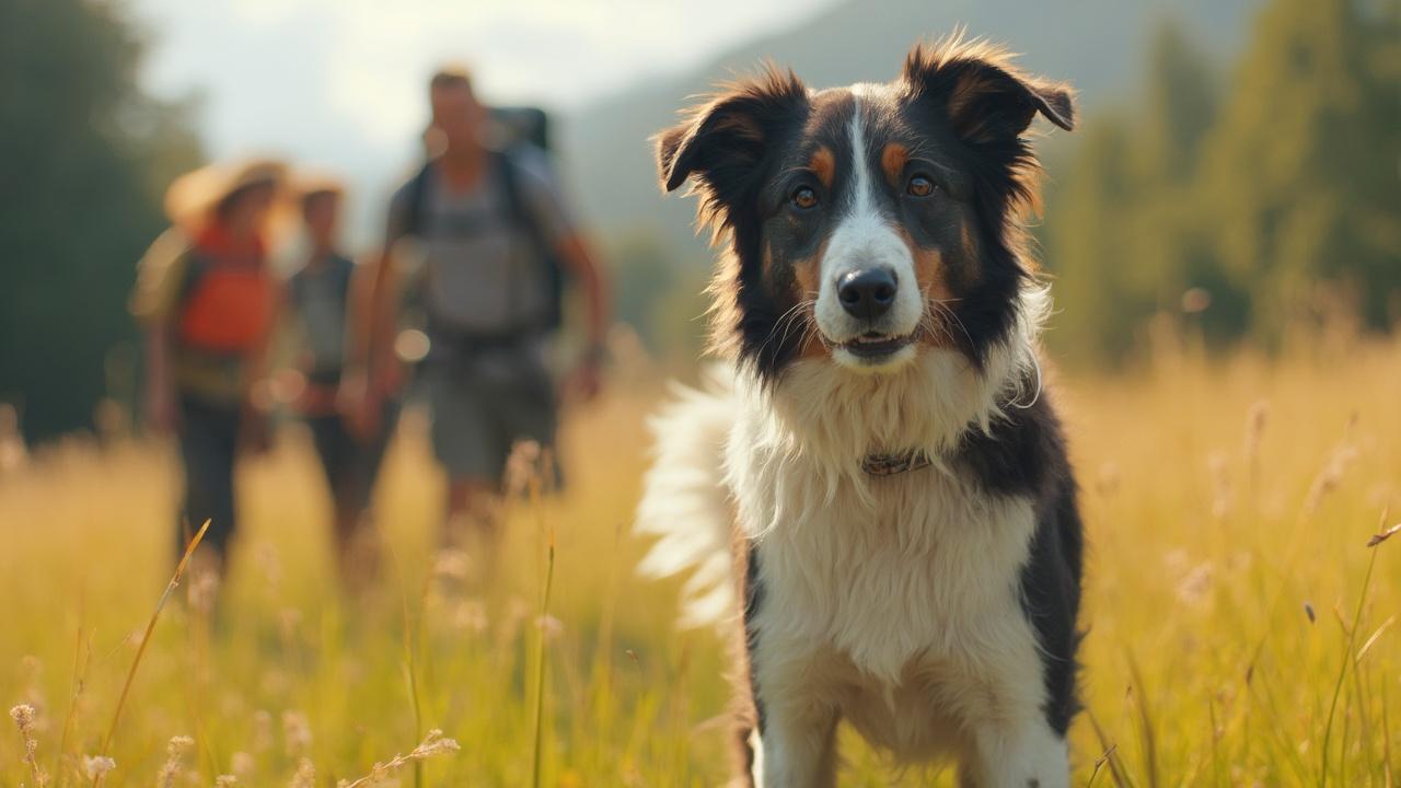 Image d'un chien border collie dans un champ avec des randonneurs en arrière-plan