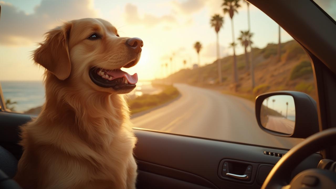 Un chien doré assis dans une voiture, profitant de la route et du coucher de soleil.