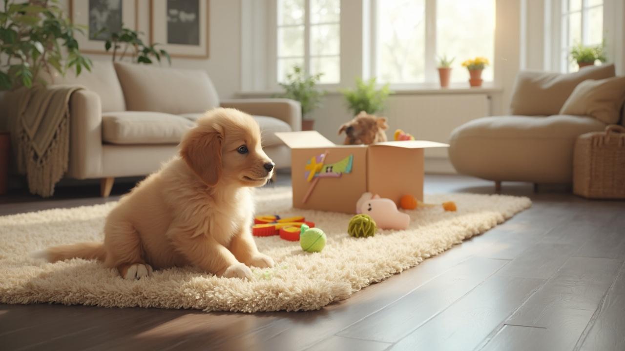 Un adorable chiot blond joue avec des jouets dans un salon ensoleillé.