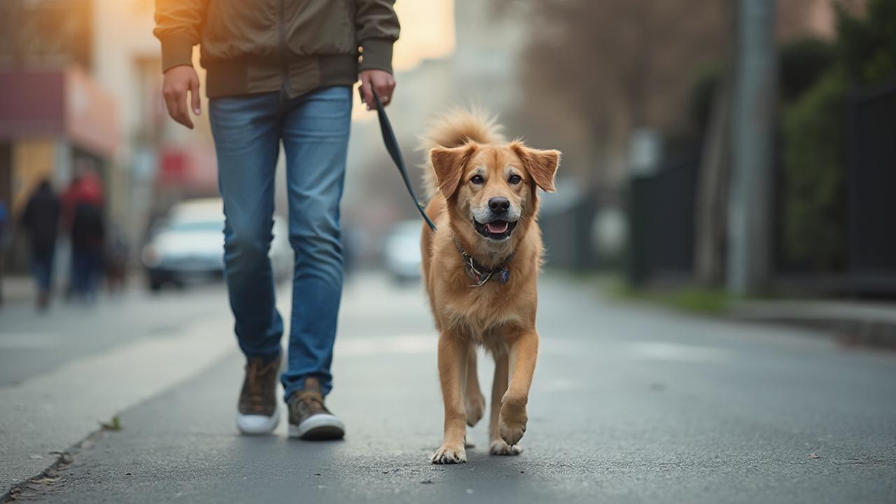 Jeune homme marchant avec son chien joyeux dans la rue