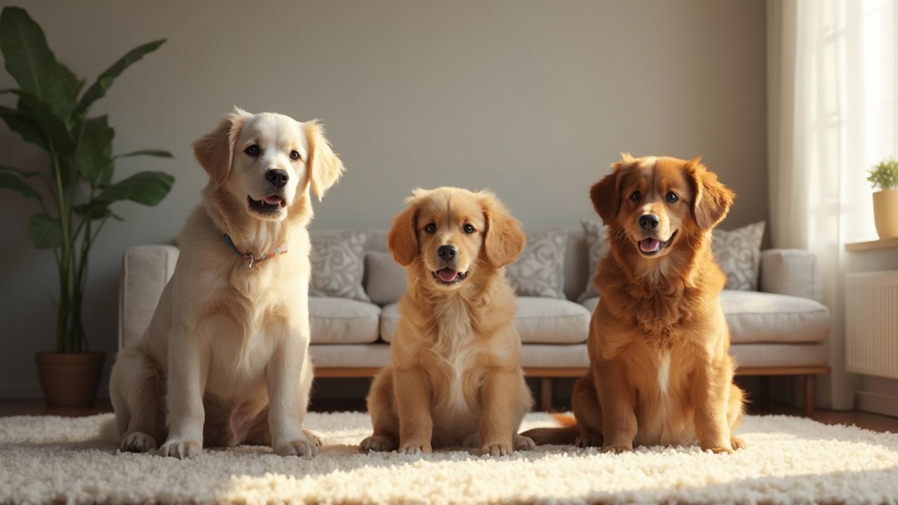 Trois chiots golden retriever assis sur un tapis dans un salon.