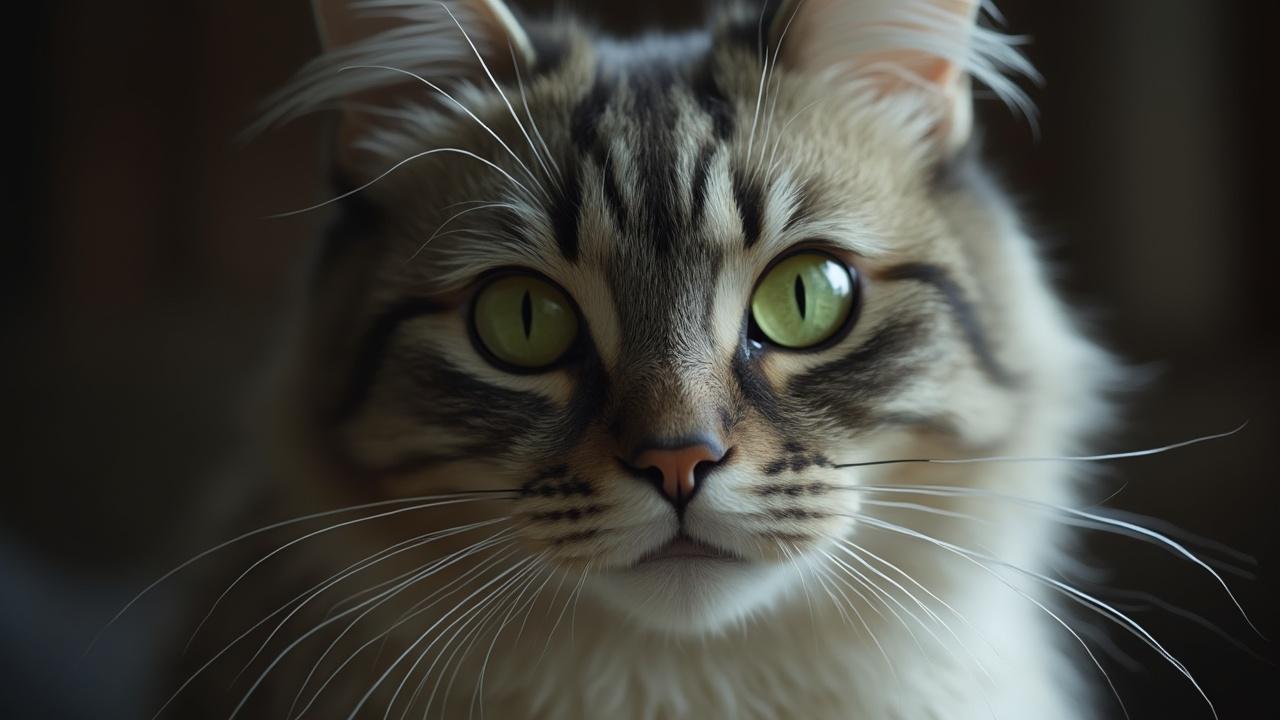 Gros plan sur le visage expressif d'un chat avec de beaux yeux verts lumineux.